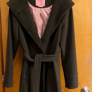 Kate Spade Army Green Hooded Wool Blend Coat with Pink Lining!